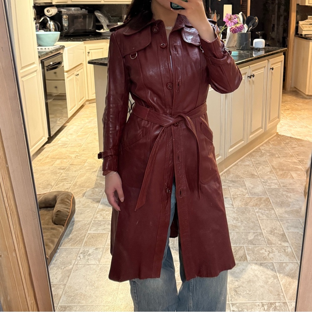 Vintage Red Leather Trench Coat - Picture 2 of 8